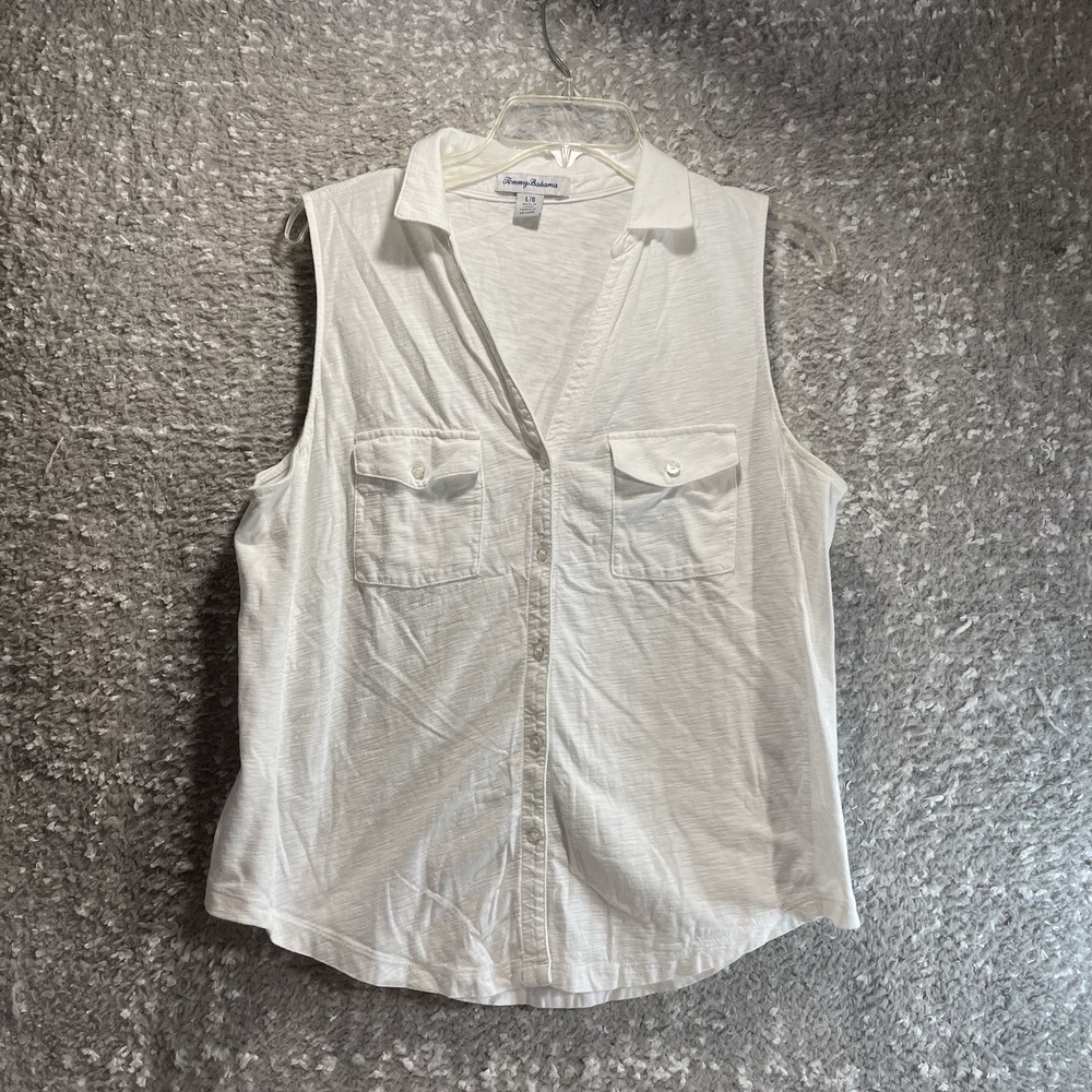 Tommy Bahama White Textured Sleeveless Button Up Polo Shirt L Preppy Casual